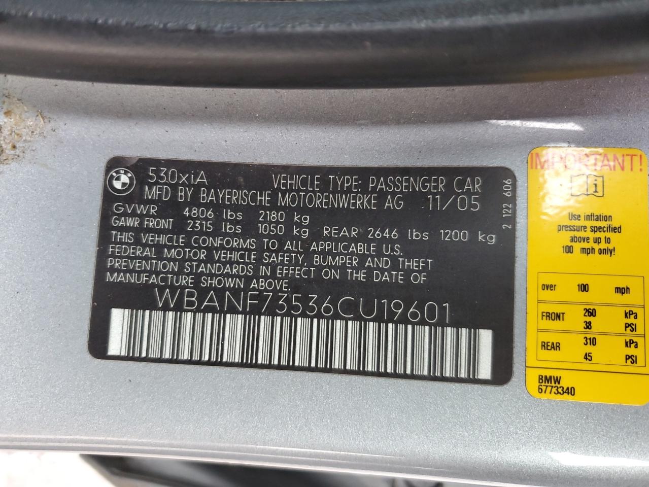 2006 BMW 530 Xi VIN: WBANF73536CU19601 Lot: 92847855