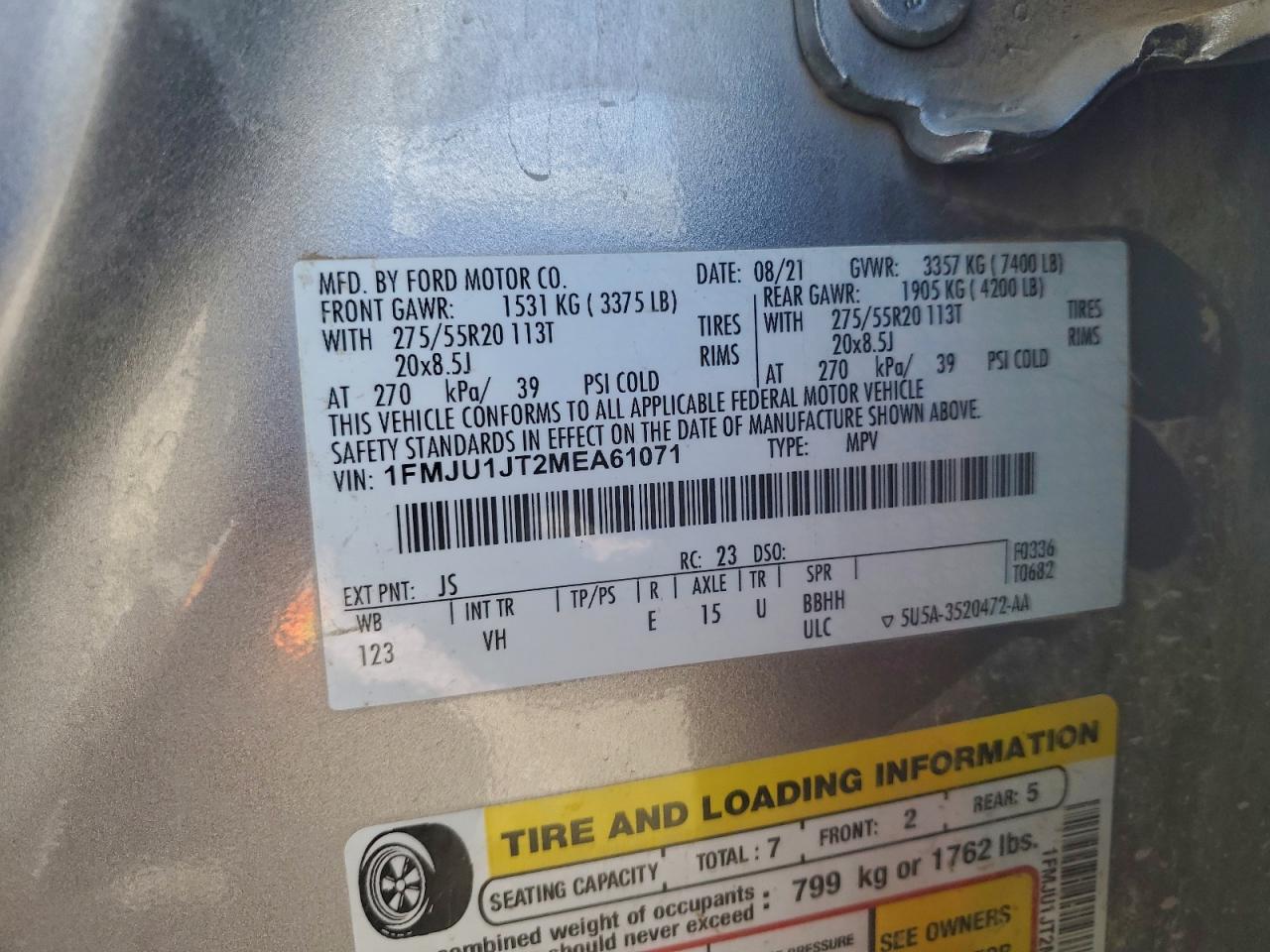 2021 Ford Expedition Xlt VIN: 1FMJU1JT2MEA61071 Lot: 93022815