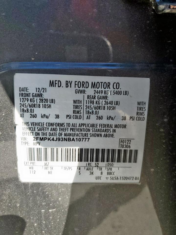 2022 Ford Edge Sel VIN: 2FMPK4J93NBA10777 Lot: 91486795