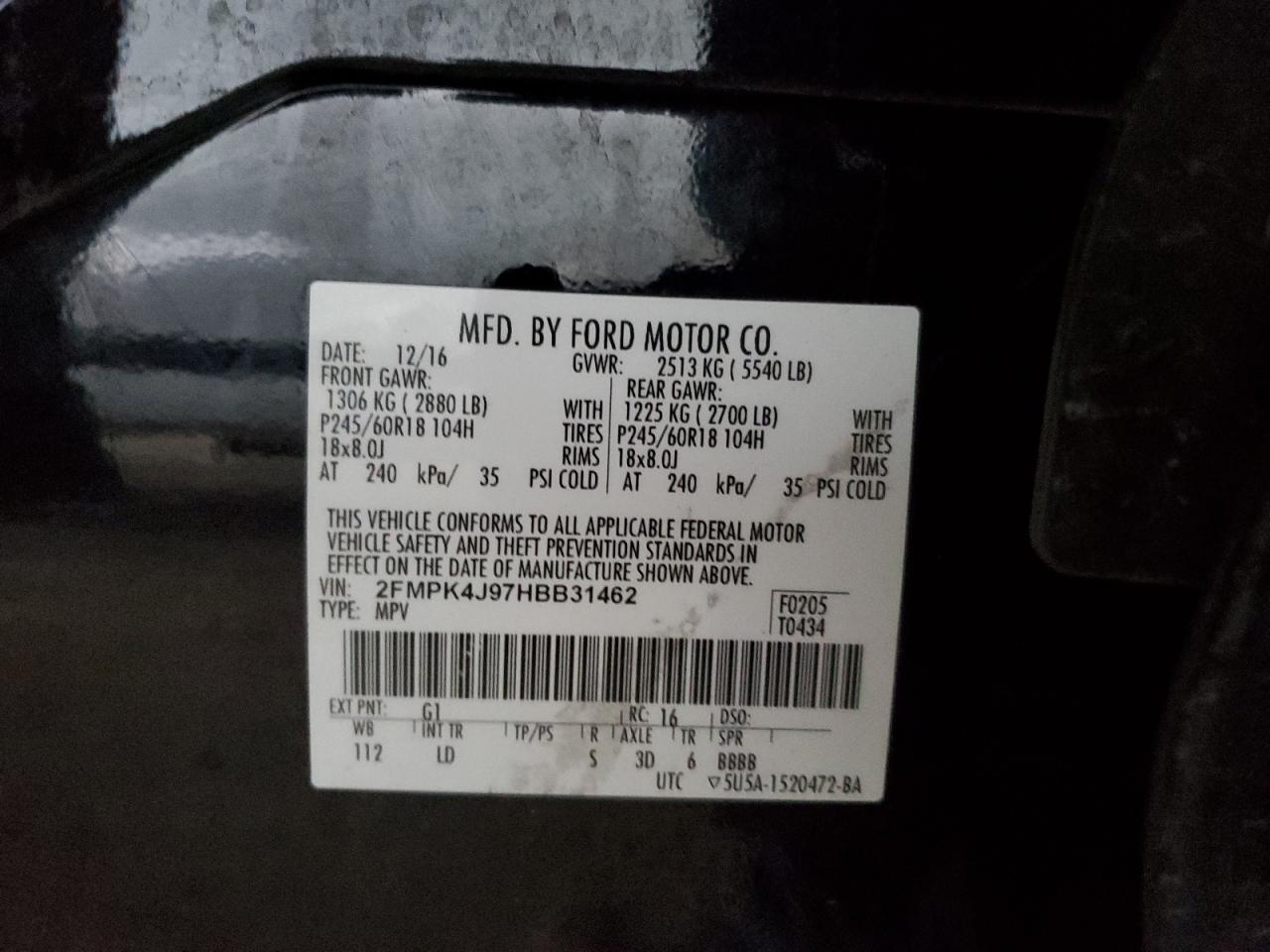 2017 Ford Edge Sel VIN: 2FMPK4J97HBB31462 Lot: 91391885