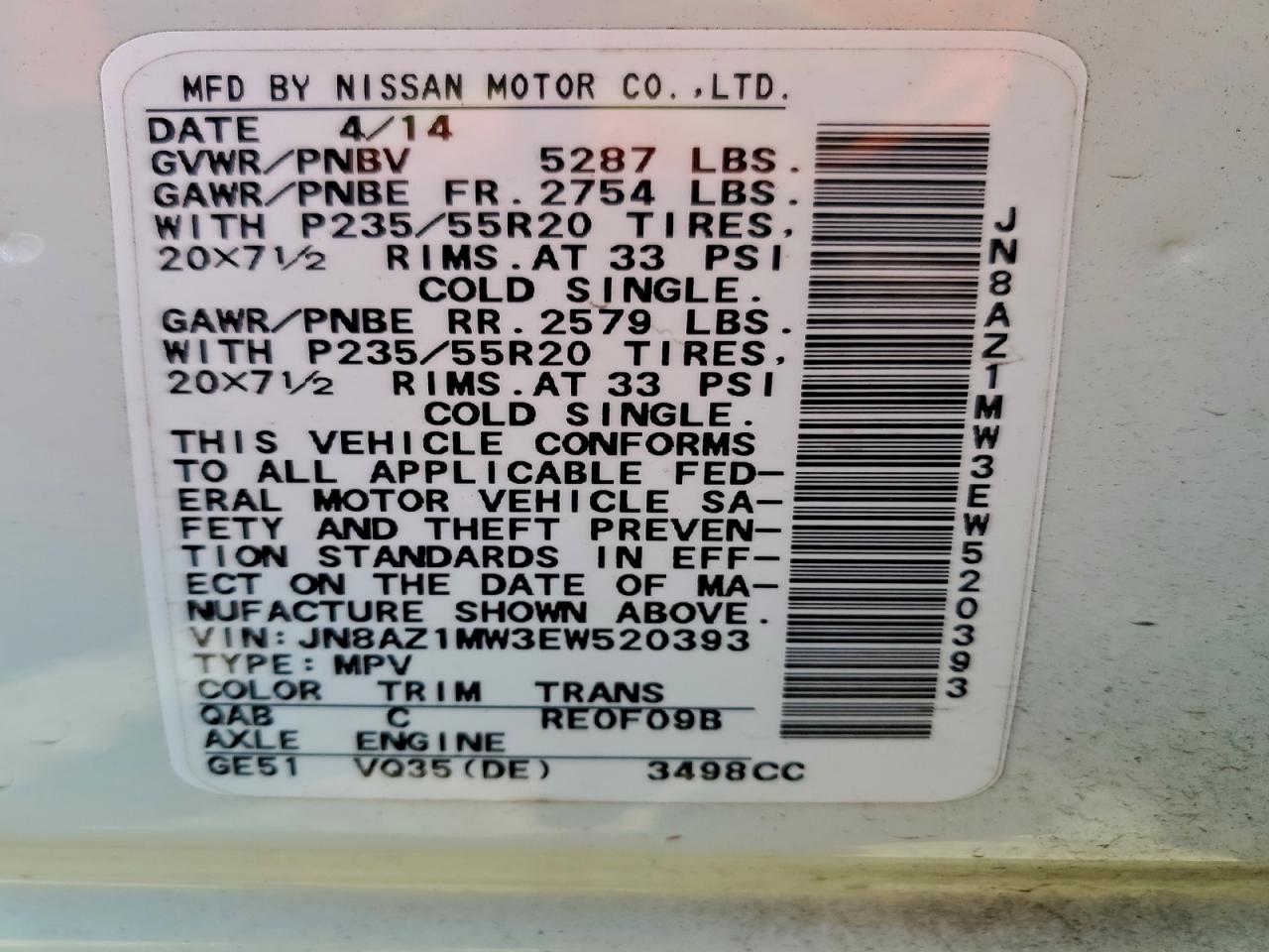 2014 Nissan Murano S VIN: JN8AZ1MW3EW520393 Lot: 94128685