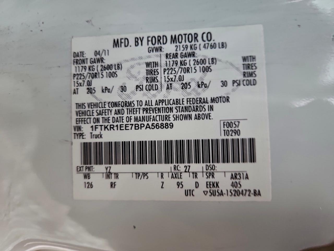 2011 Ford Ranger Super Cab VIN: 1FTKR1EE7BPA56889 Lot: 92299935