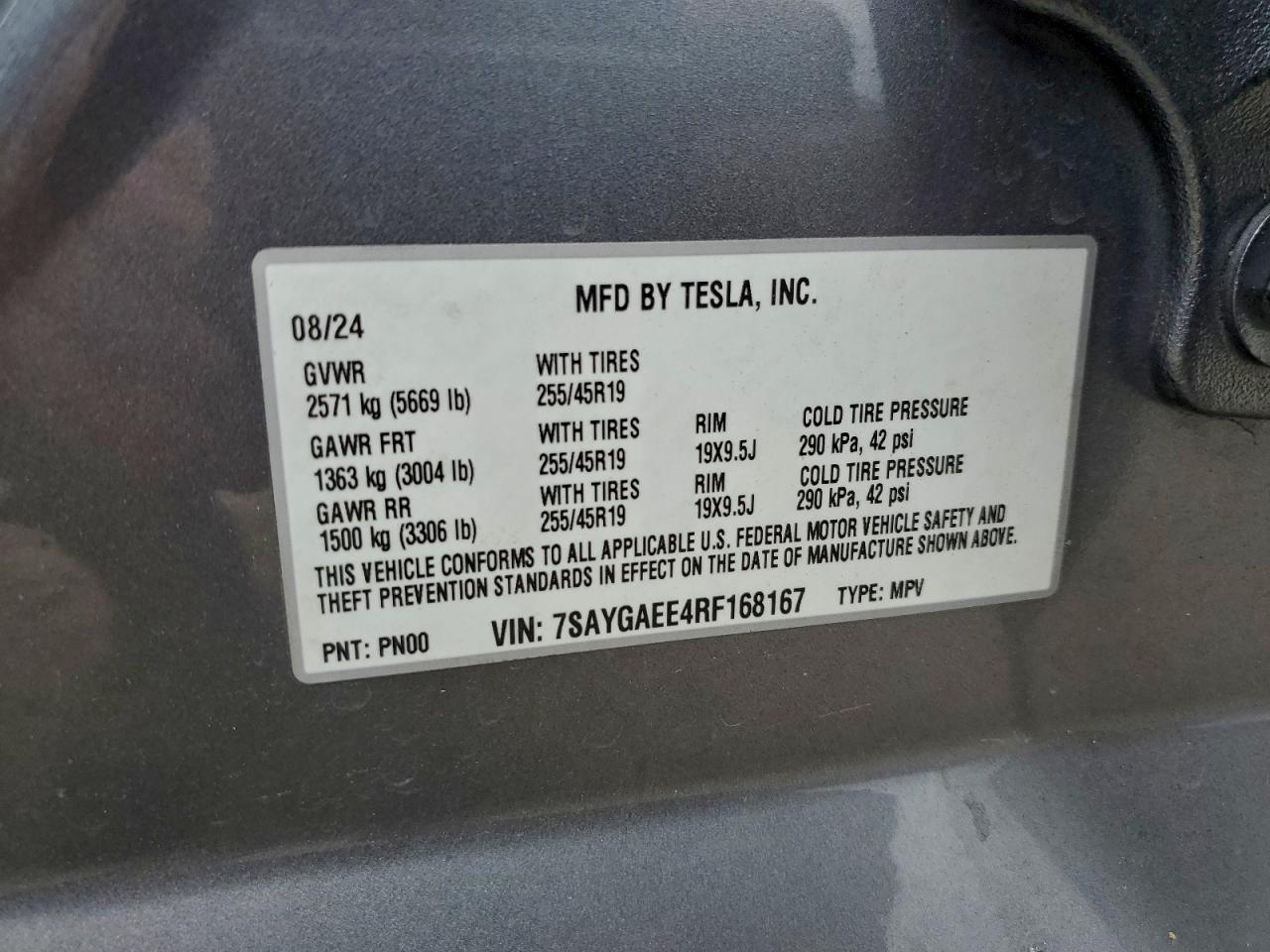 2024 Tesla Model Y VIN: 7SAYGAEE4RF168167 Lot: 93975245