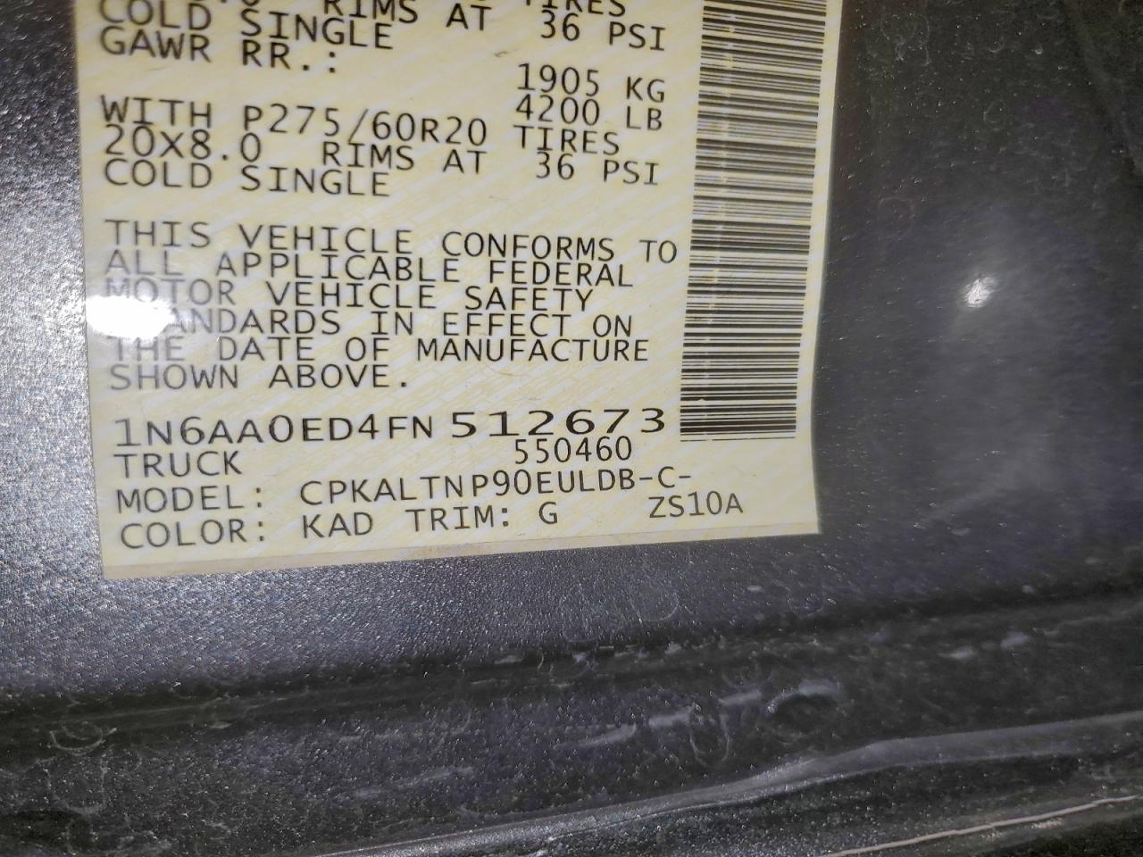 2015 Nissan Titan S VIN: 512673 Lot: 95319065