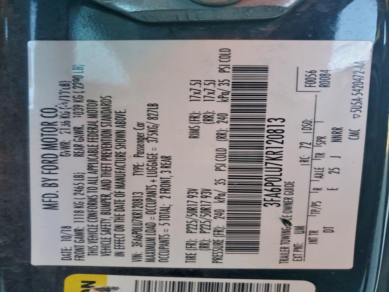 2019 Ford Fusion Se VIN: 3FA6P0LU7KR120813 Lot: 93831975