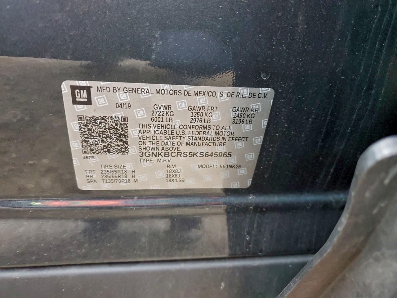 2019 Chevrolet Blazer 2Lt VIN: 3GNKBCRS5KS645965 Lot: 94740125