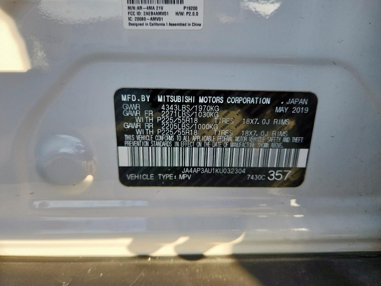 2019 Mitsubishi Outlander Sport Es VIN: JA4AP3AU1KU032304 Lot: 92633835