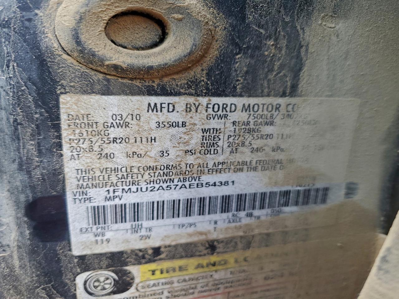 2010 Ford Expedition Limited VIN: 1FMJU2A57AEB54381 Lot: 93238785