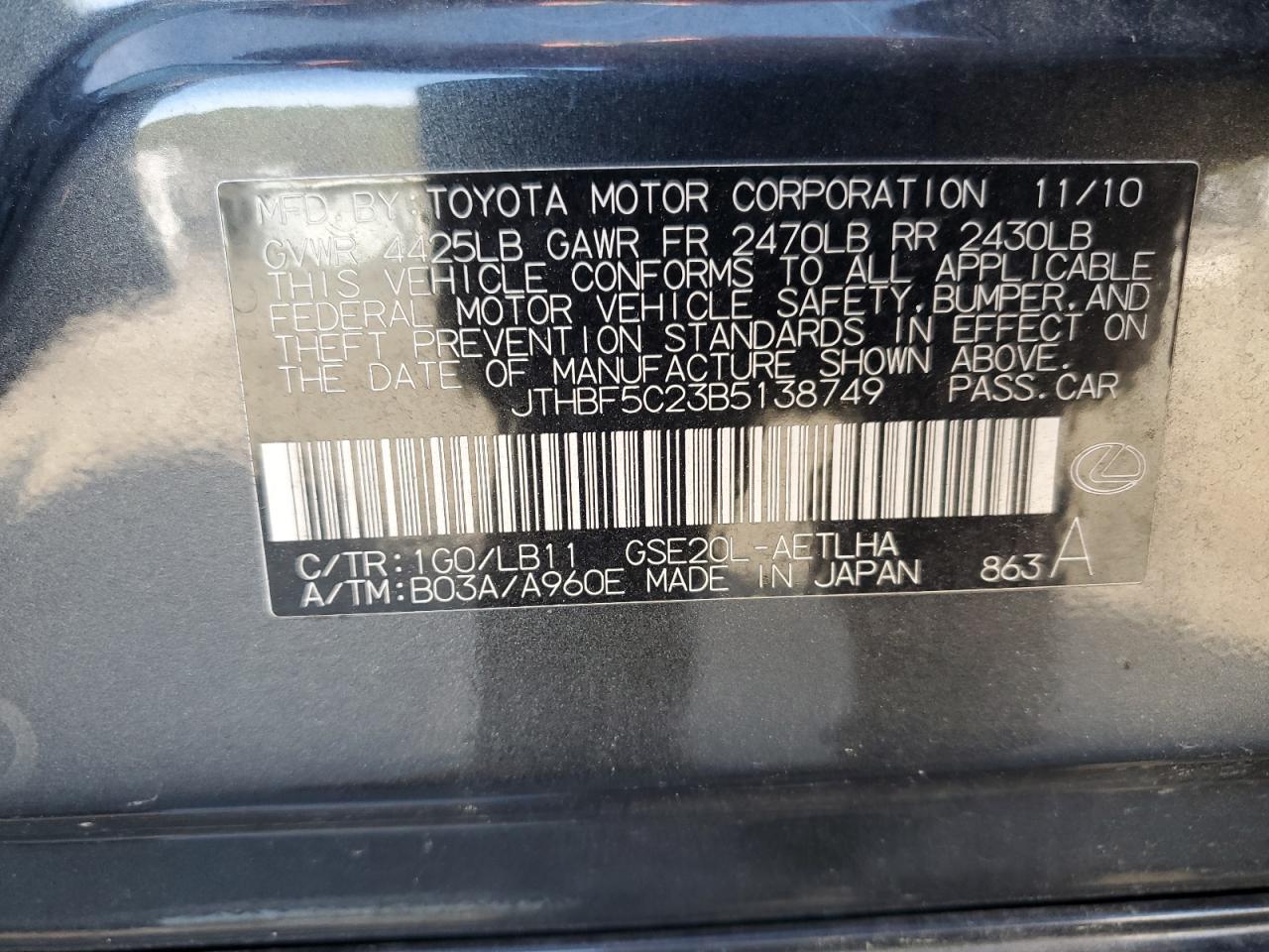 2011 Lexus Is 250 VIN: JTHBF5C23B5138749 Lot: 92611375