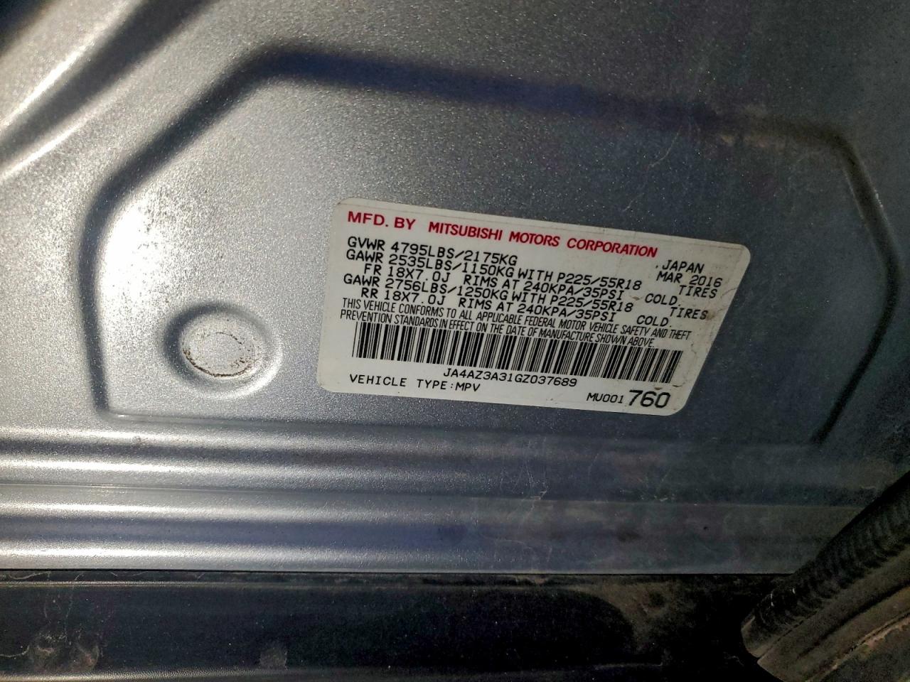 2016 Mitsubishi Outlander Se VIN: JA4AZ3A31GZ037689 Lot: 93187305