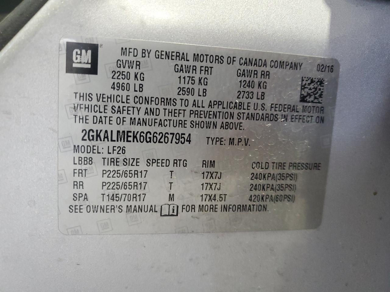 2016 GMC Terrain Sle VIN: 2GKALMEK6G6267954 Lot: 91478975