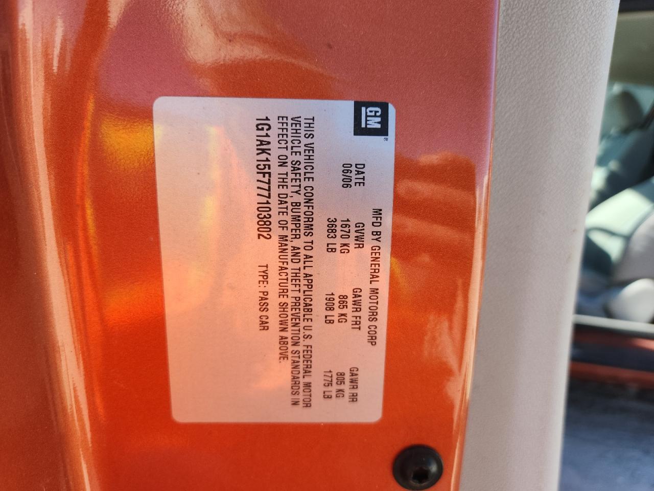 2007 Chevrolet Cobalt Ls VIN: 1G1AK15F777103802 Lot: 91298425