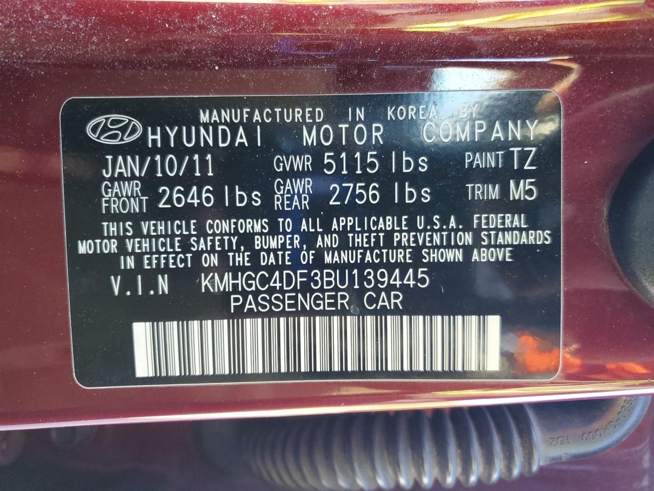 2011 Hyundai Genesis 4.6L VIN: KMHGC4DF3BU139445 Lot: 92187135