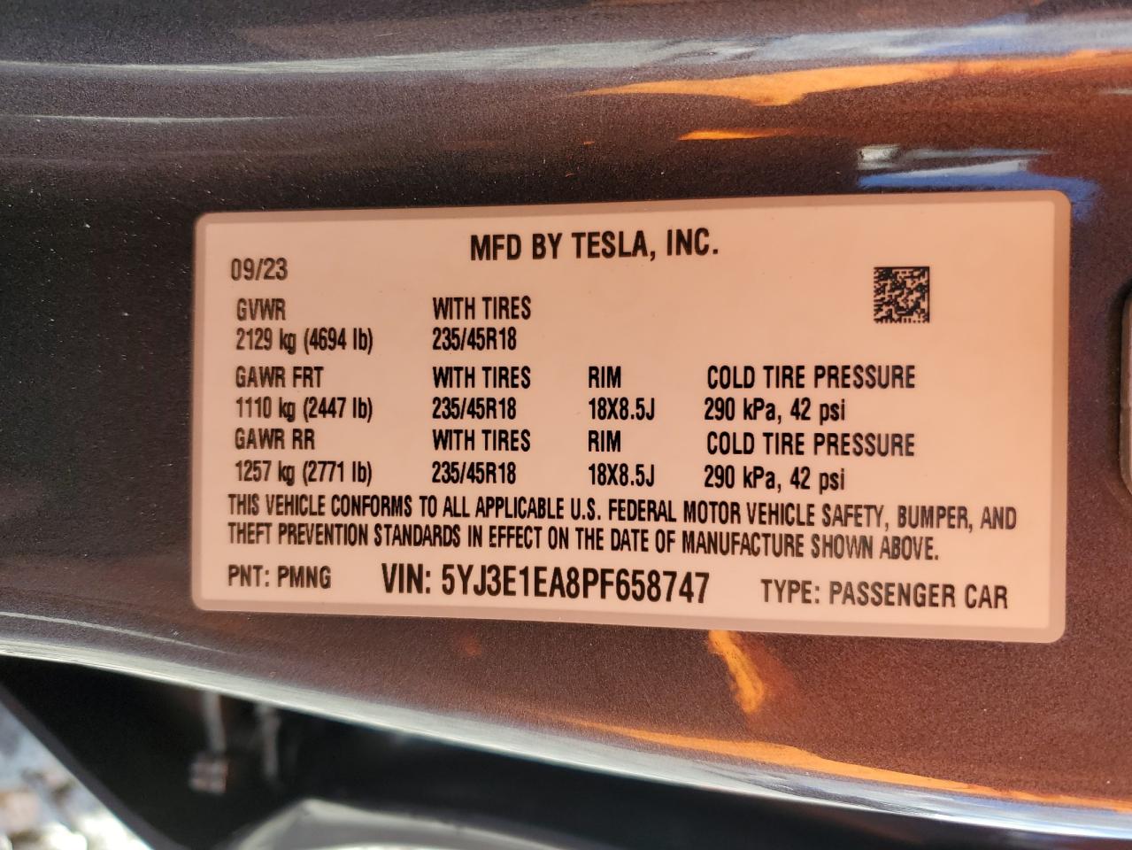 2023 Tesla Model 3 VIN: 5YJ3E1EA8PF658747 Lot: 93058595