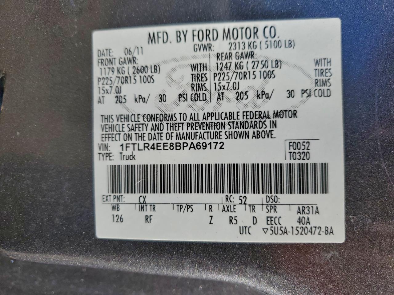 2011 Ford Ranger Super Cab VIN: 1FTLR4EE8BPA69172 Lot: 91787225