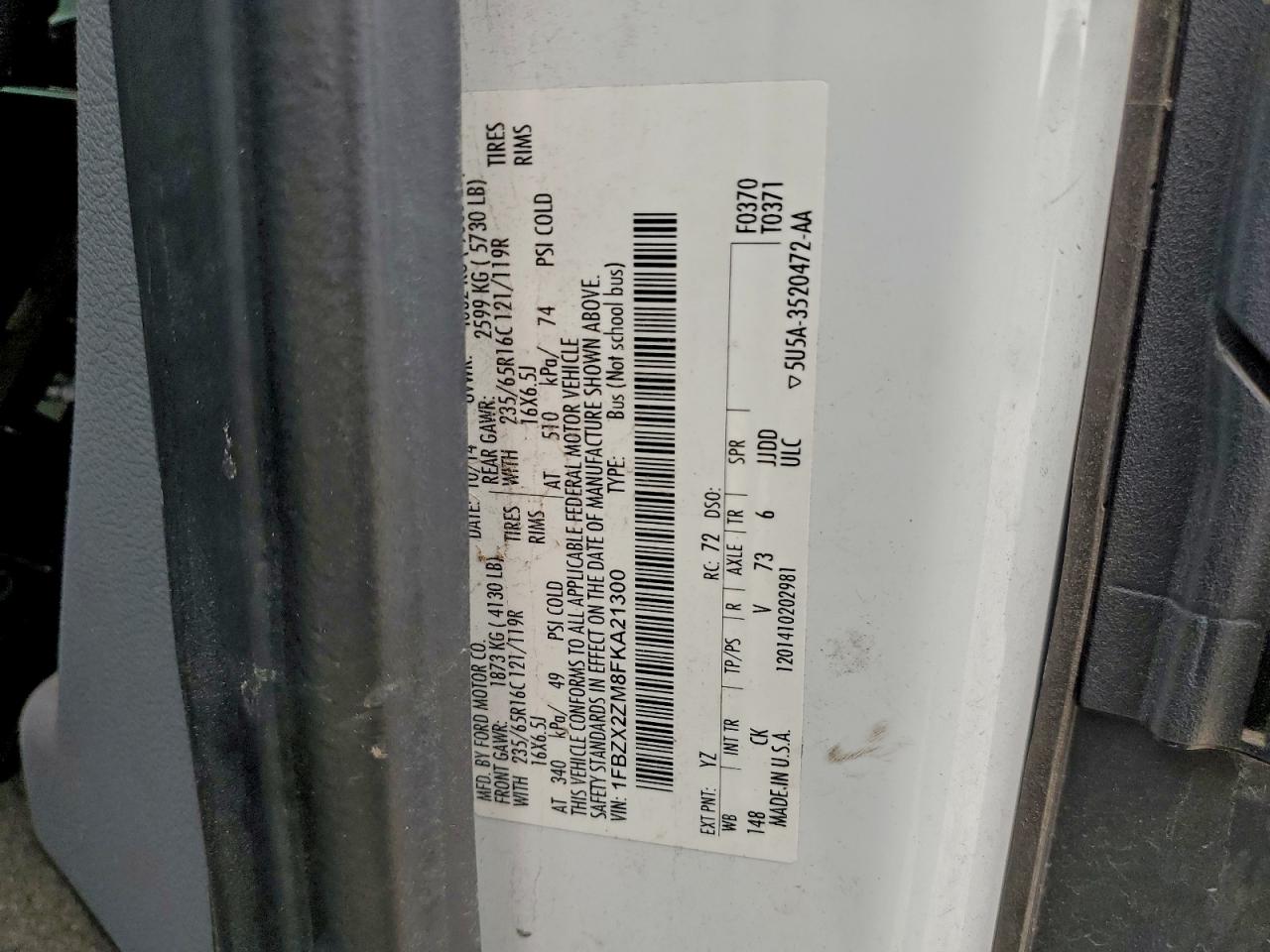 2015 Ford Transit T-350 VIN: 1FBZX2ZM8FKA21300 Lot: 93775415