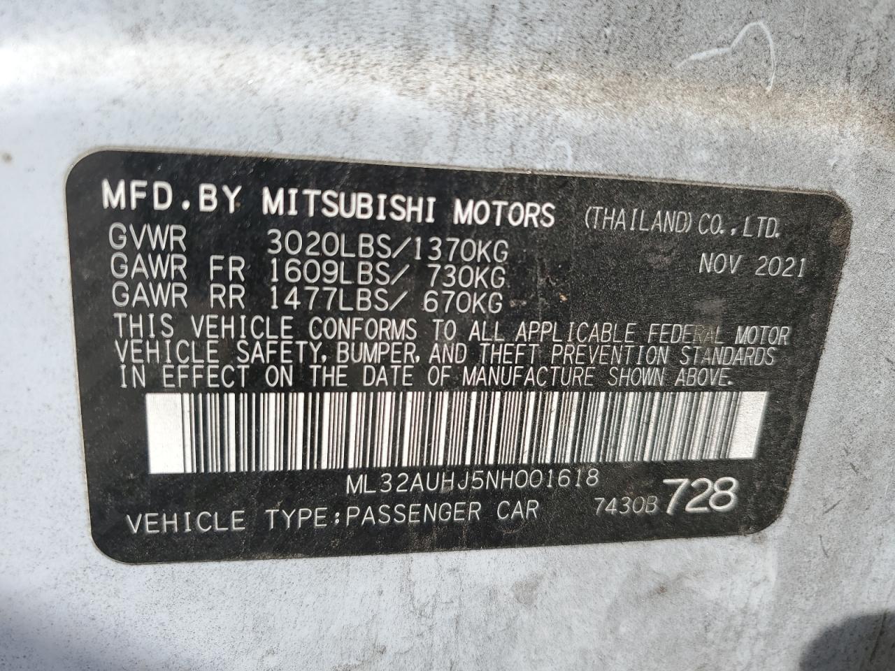 2022 Mitsubishi Mirage Es VIN: ML32AUHJ5NH001618 Lot: 92038575