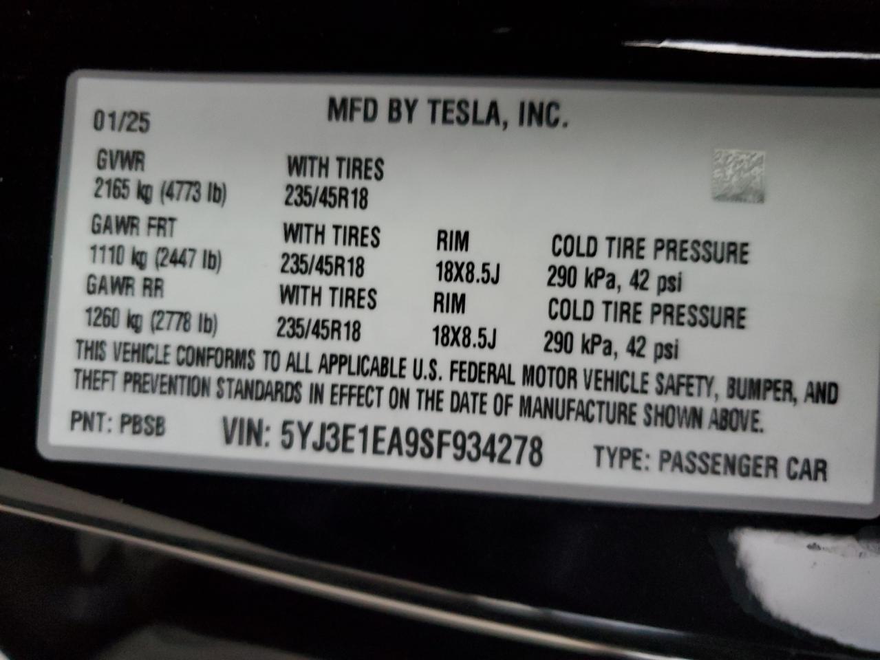 2025 Tesla Model 3 VIN: 5YJ3E1EA9SF934278 Lot: 90316375