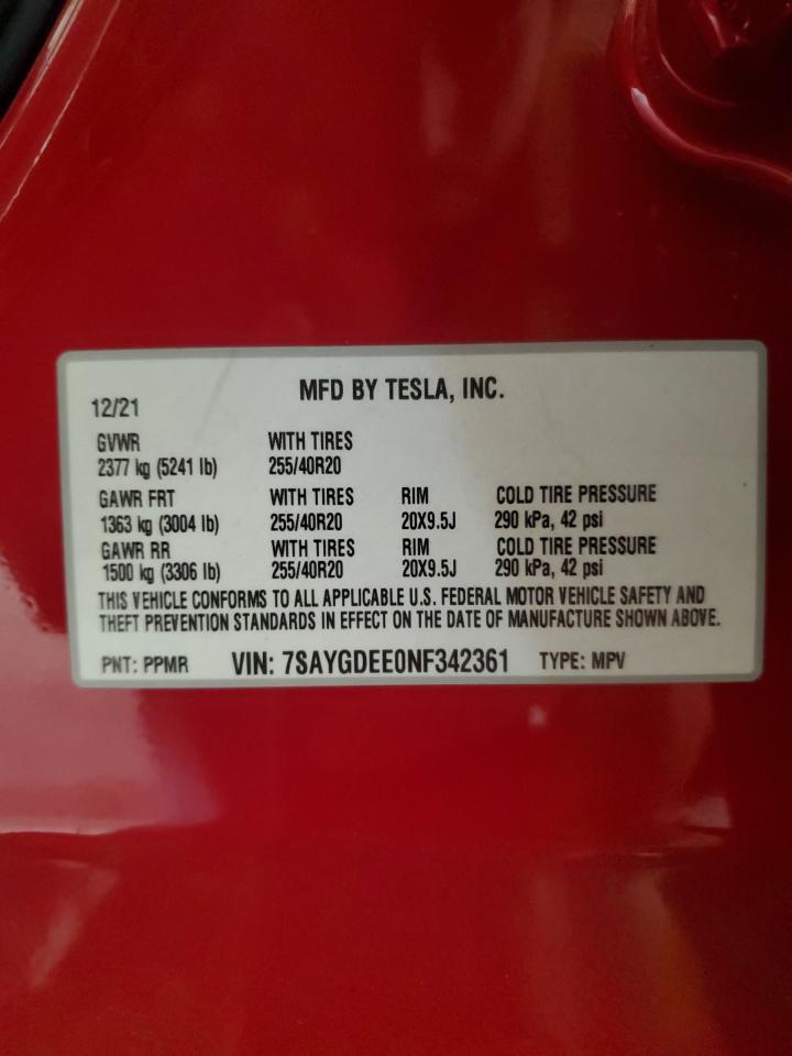 2022 Tesla Model Y VIN: 7SAYGDEE0NF342361 Lot: 91029305
