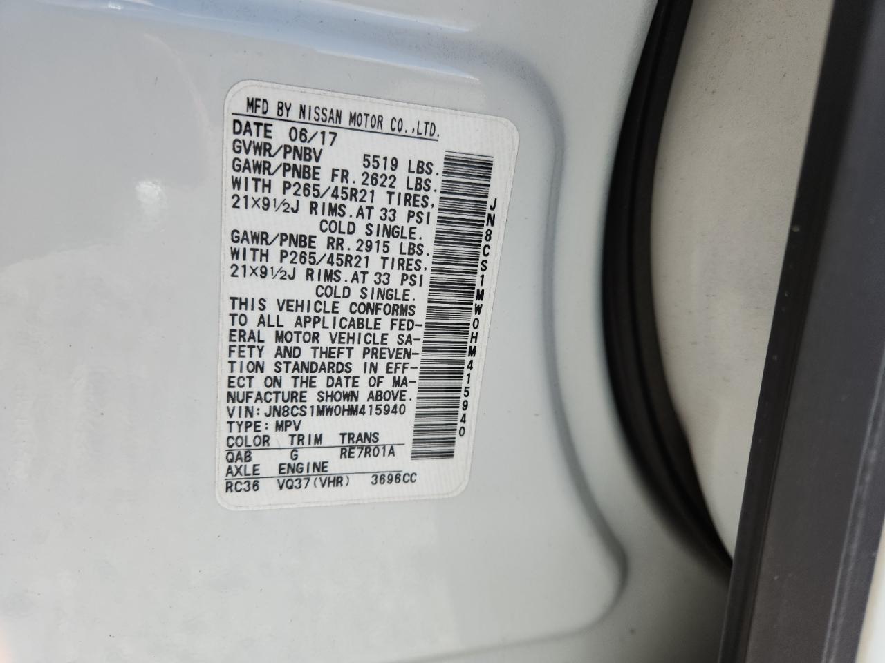 2017 Infiniti Qx70 VIN: JN8CS1MW0HM415940 Lot: 91650465