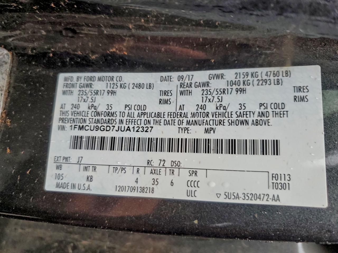 2018 Ford Escape Se VIN: 1FMCU9GD7JUA12327 Lot: 94549535