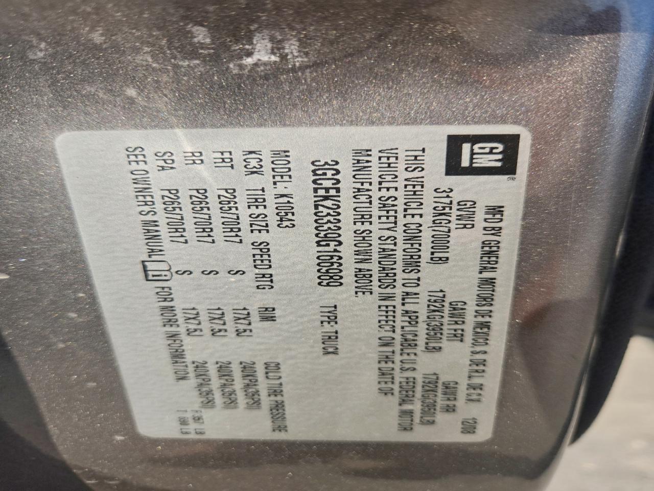 2009 Chevrolet Silverado K1500 Lt VIN: 3GCEK23339G166989 Lot: 93707955