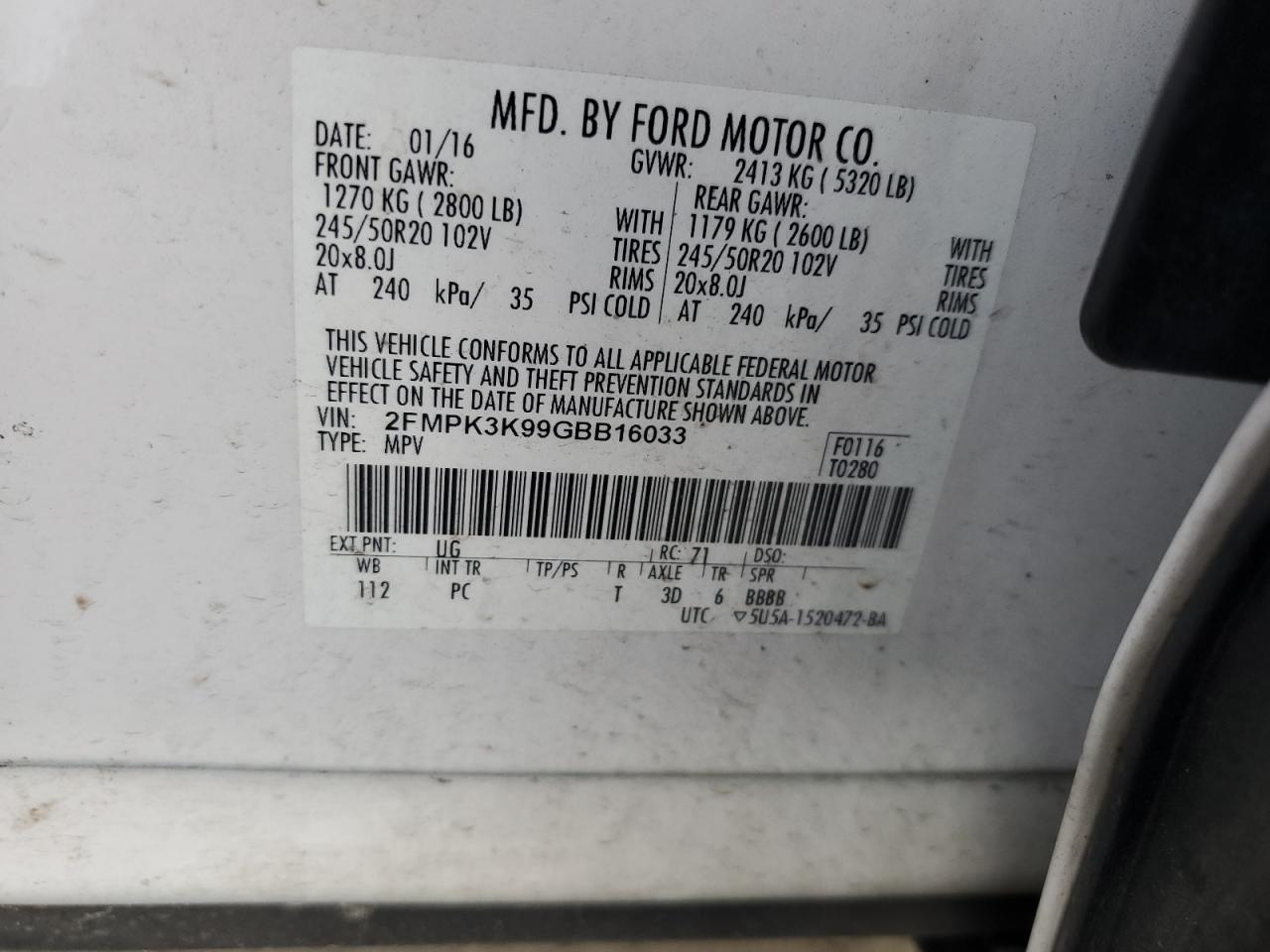 2016 Ford Edge Titanium VIN: 2FMPK3K99GBB16033 Lot: 93762835