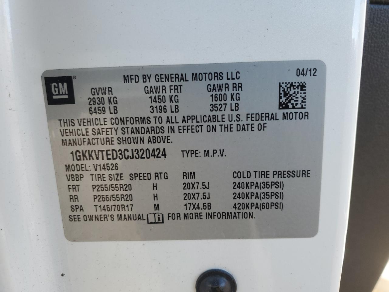 2012 GMC Acadia Denali VIN: 1GKKVTED3CJ320424 Lot: 91972695