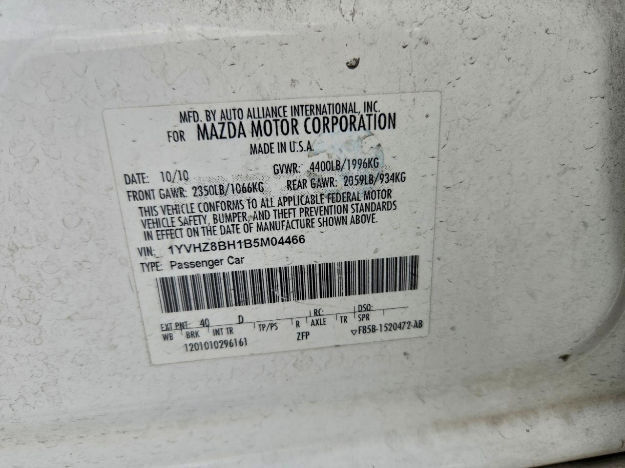 2011 Mazda 6 I VIN: 1YVHZ8BH1B5M04466 Lot: 93839865