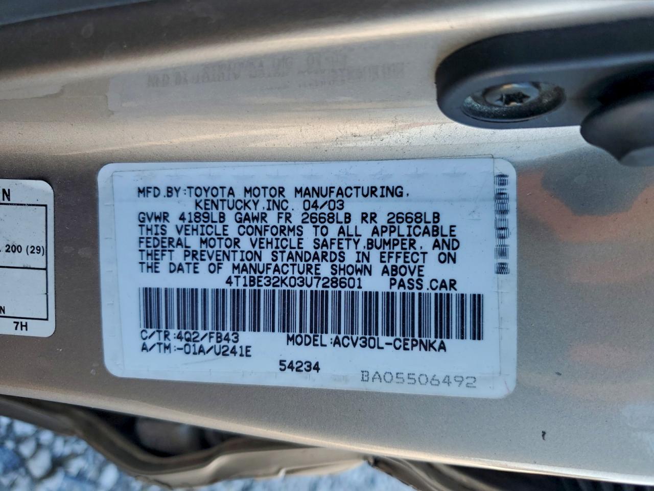 2003 Toyota Camry Le VIN: 4T1BE32K03U728601 Lot: 94295515