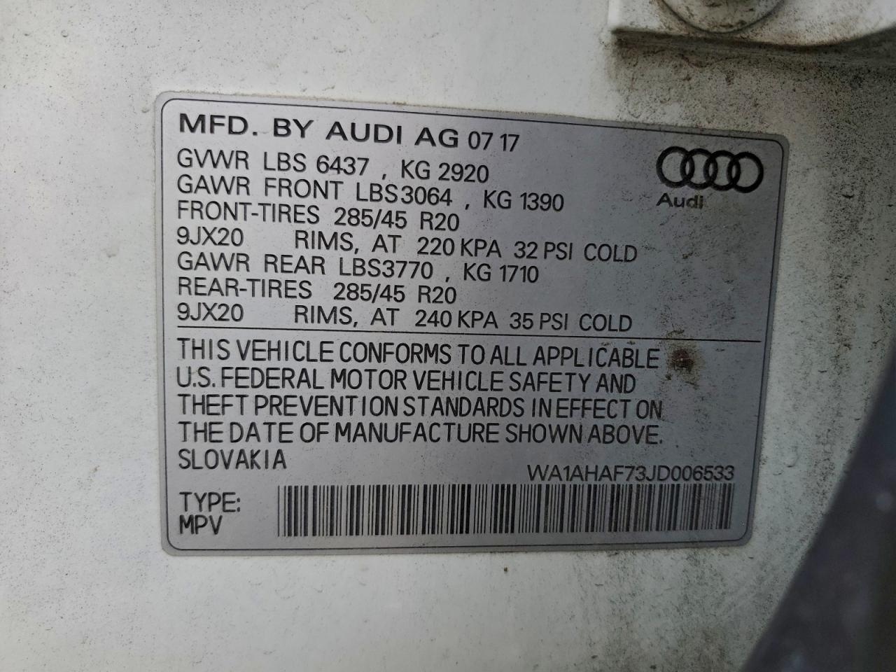 2018 Audi Q7 Premium VIN: WA1AHAF73JD006533 Lot: 93948005