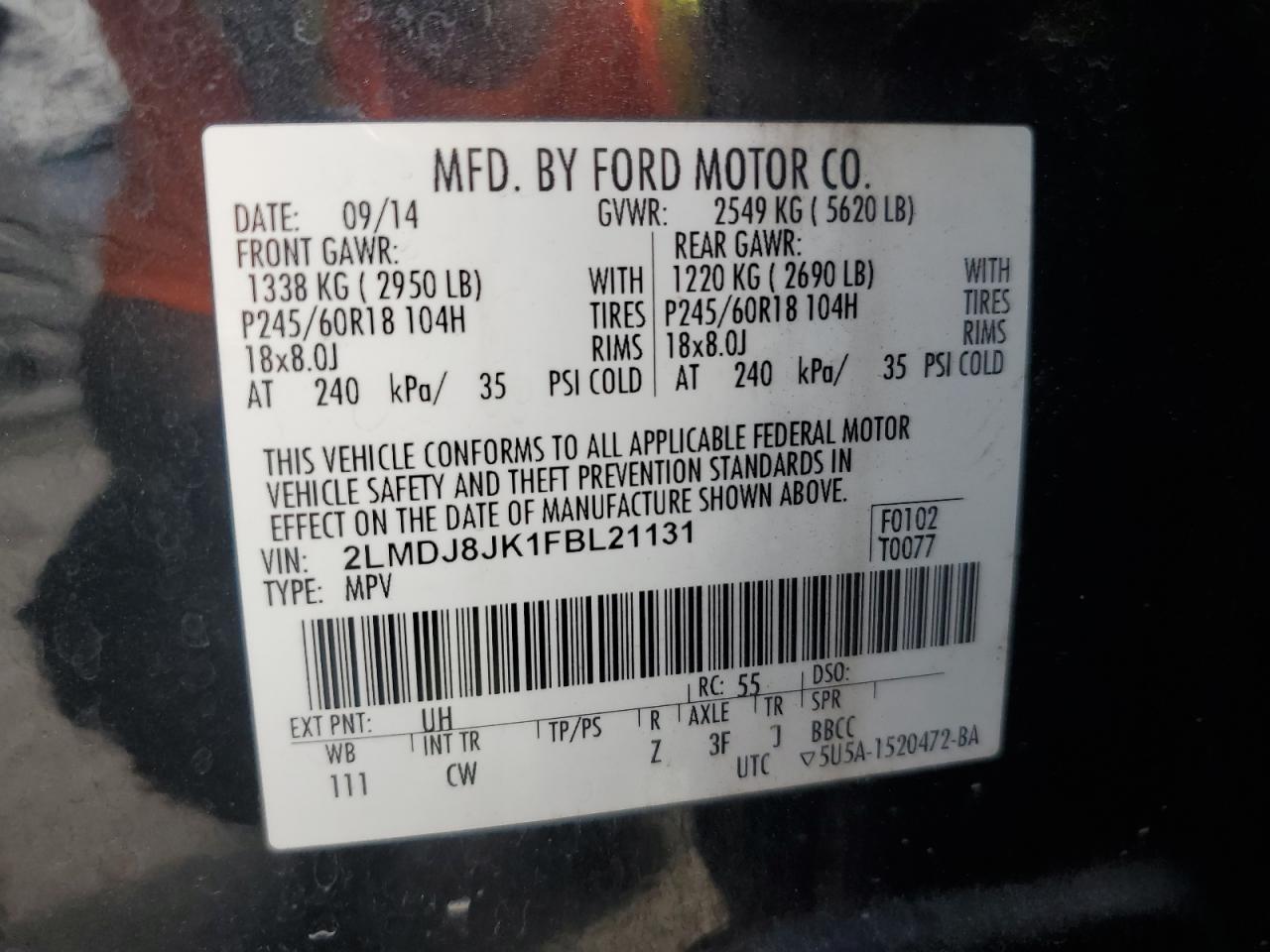 2015 Lincoln Mkx VIN: 2LMDJ8JK1FBL21131 Lot: 93403395