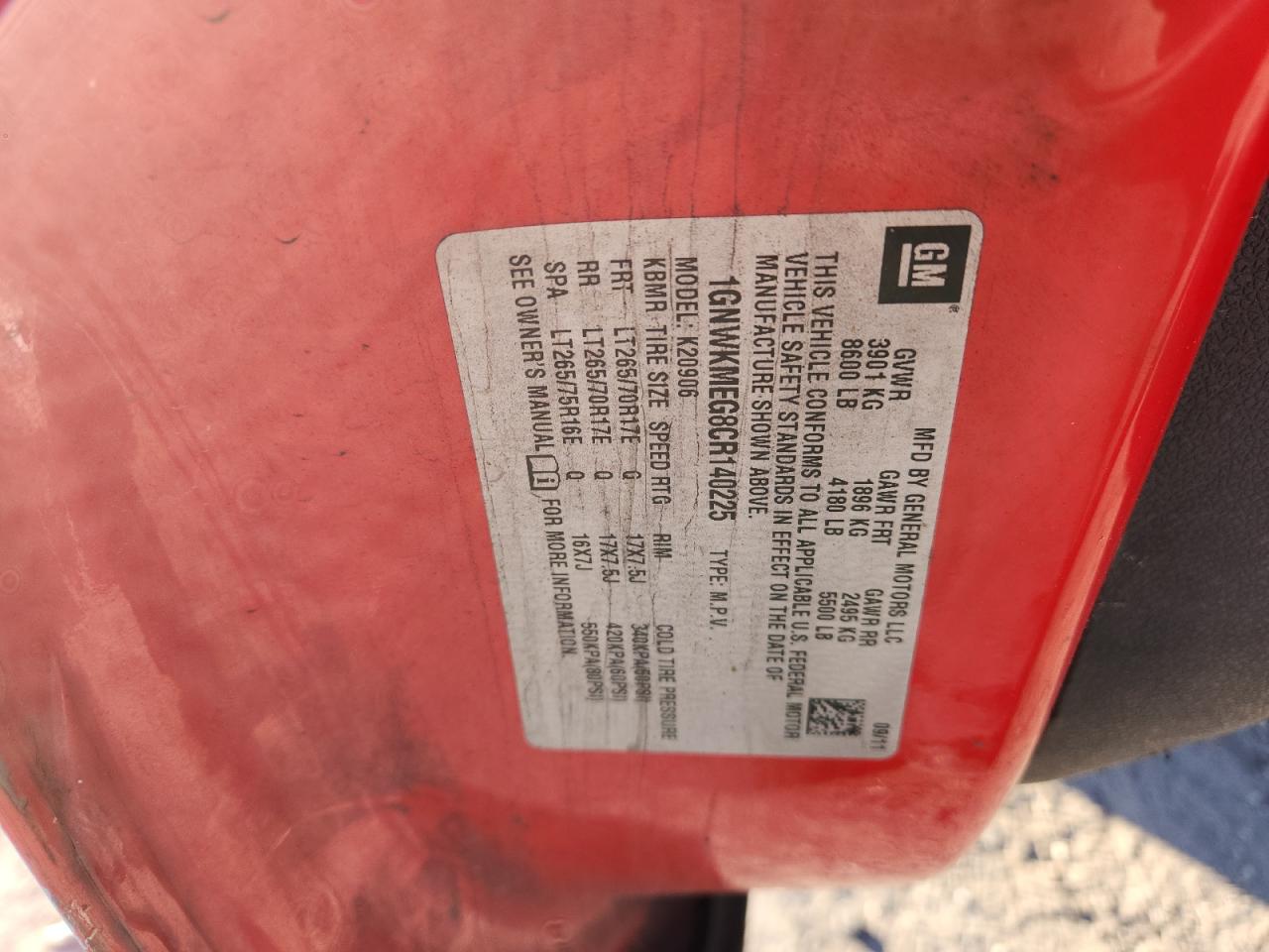 2012 Chevrolet Suburban K2500 Lt VIN: 1GNWKMEG8CR140225 Lot: 90890375