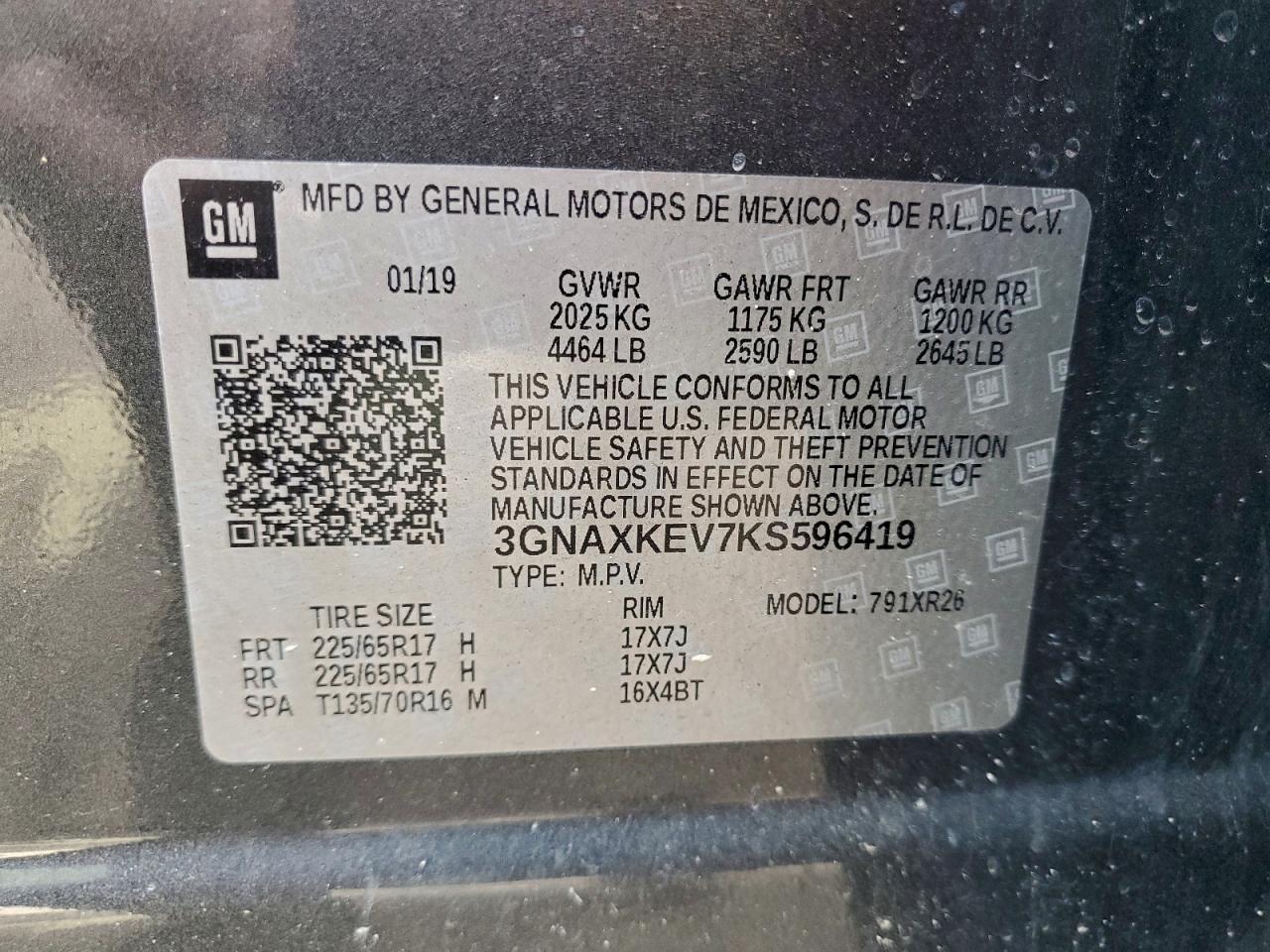 2019 Chevrolet Equinox Lt VIN: 3GNAXKEV7KS596419 Lot: 93350435