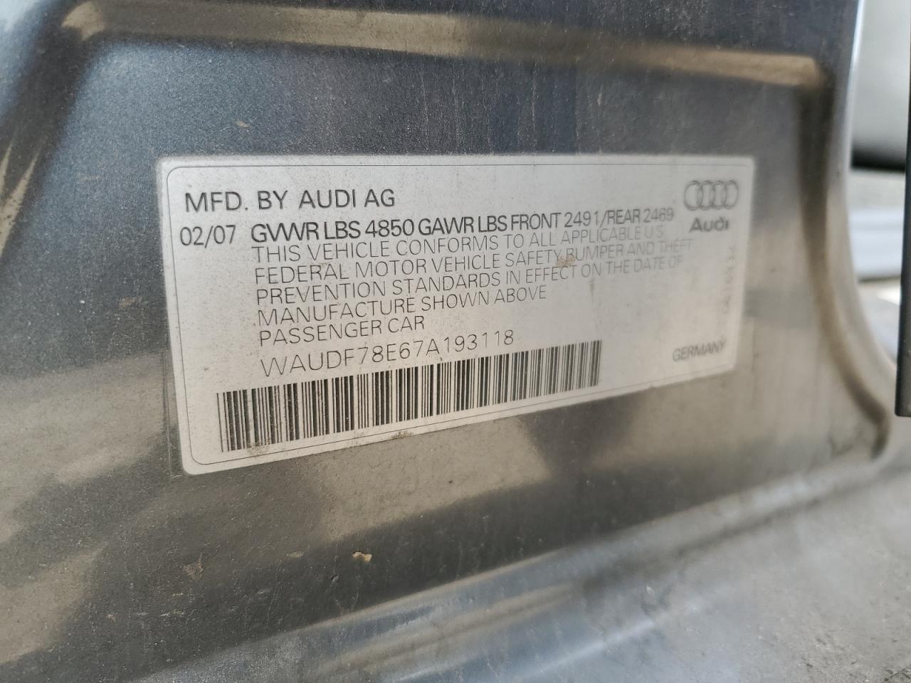 2007 Audi A4 2.0T Quattro VIN: WAUDF78E67A193118 Lot: 90811245
