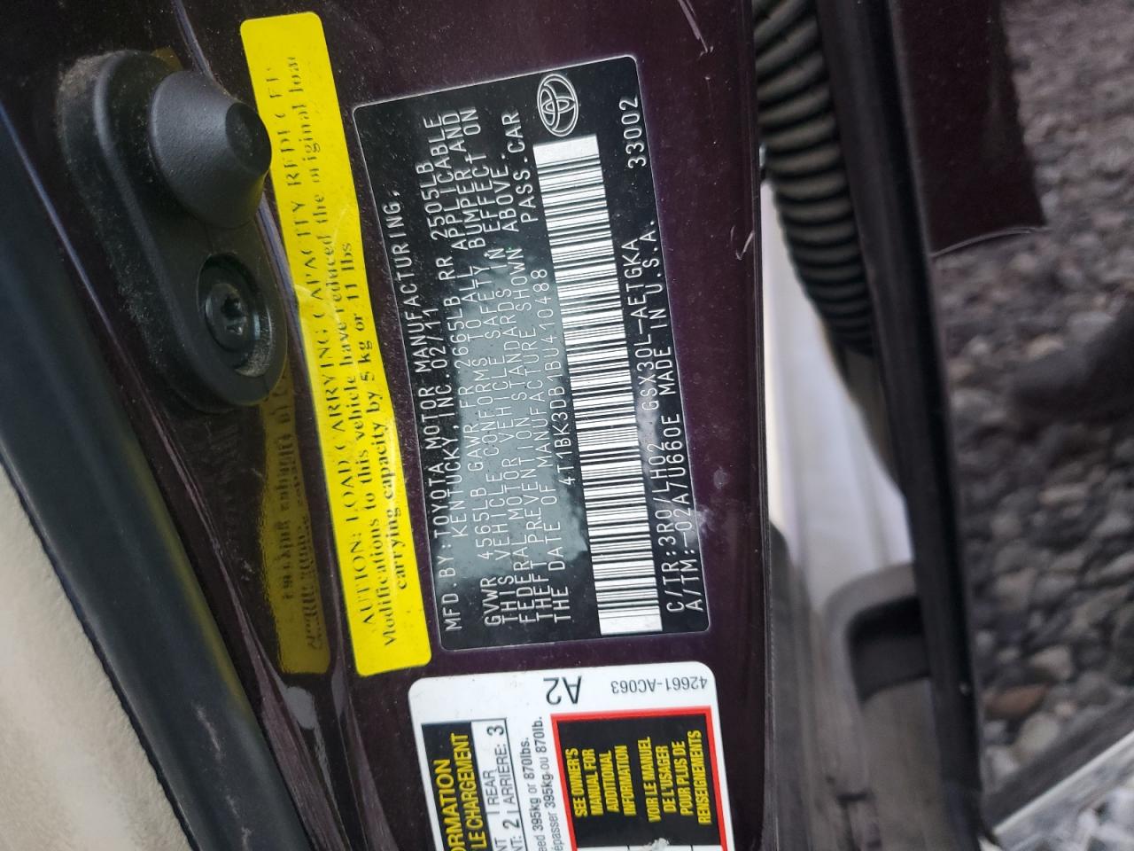 2011 Toyota Avalon Base VIN: 4T1BK3DB1BU410488 Lot: 93127465