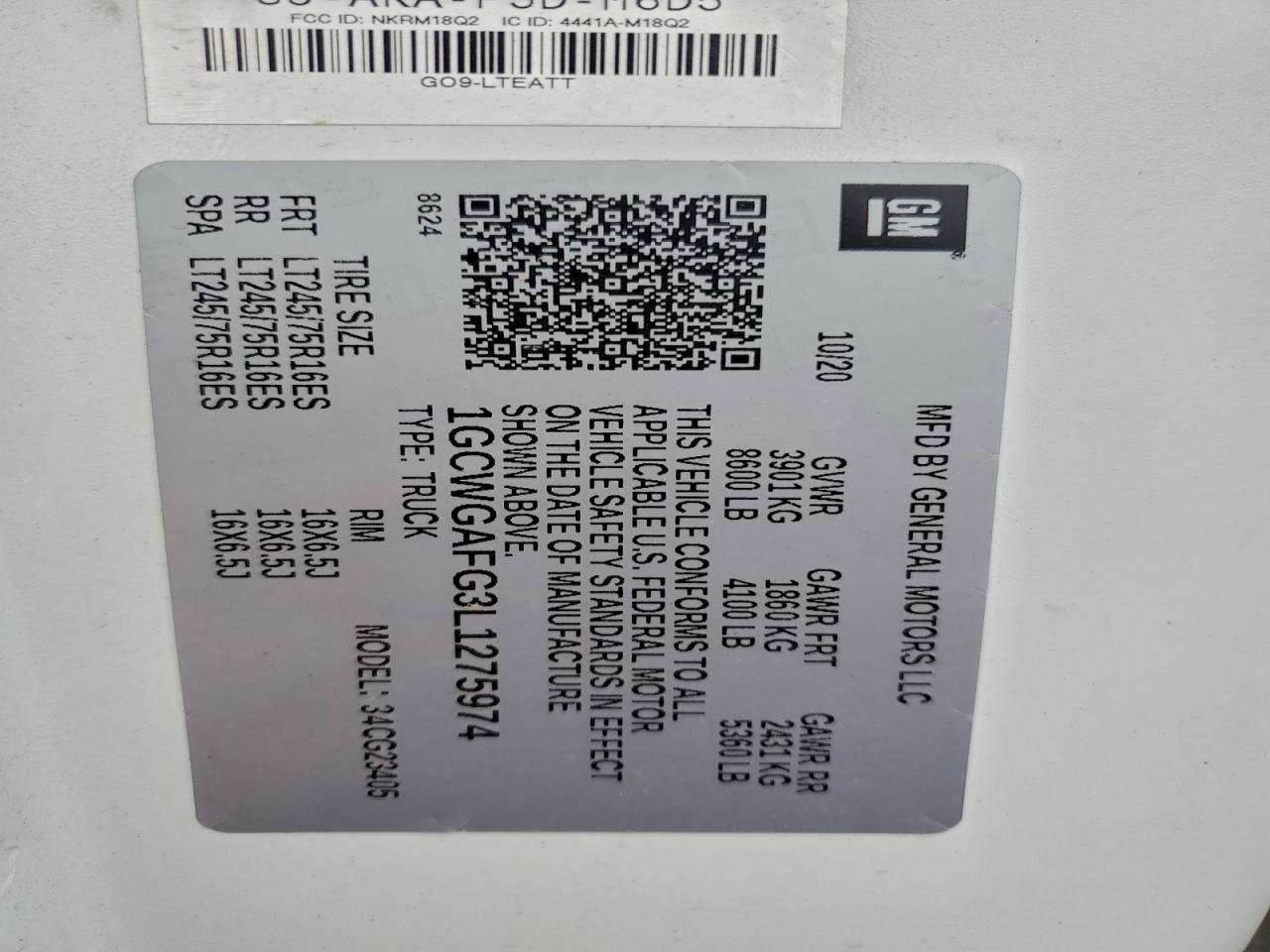 2020 Chevrolet Express G2500 VIN: 1GCWGAFG3L1275974 Lot: 94451235