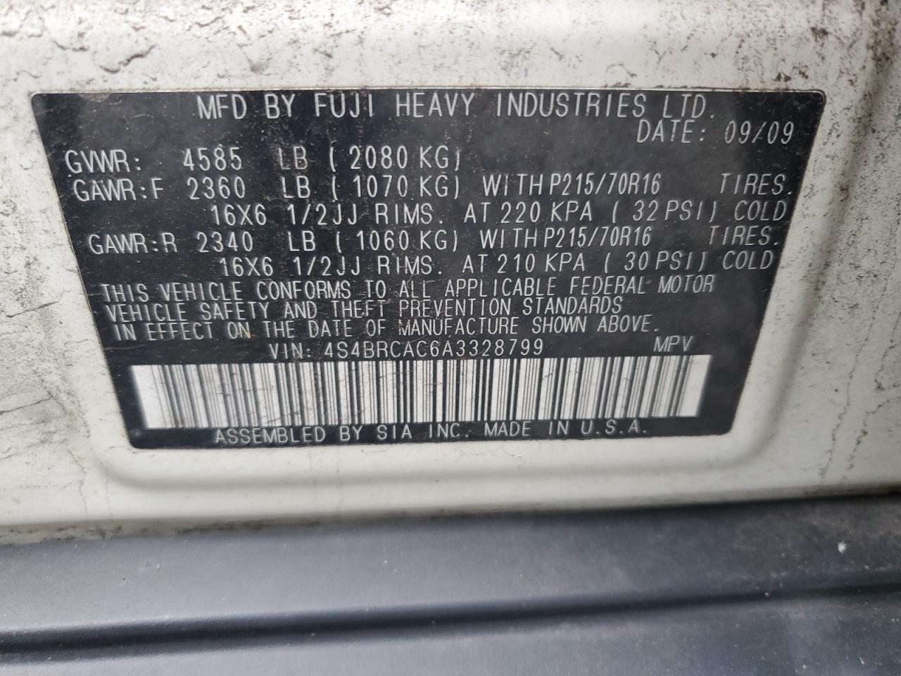 2010 Subaru Outback 2.5I VIN: 4S4BRCAC6A3328799 Lot: 92231325