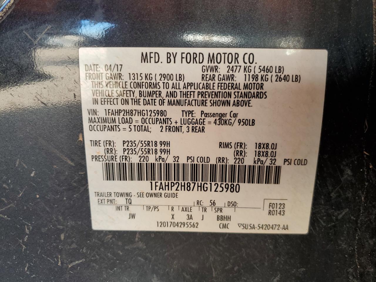 2017 Ford Taurus Sel VIN: 1FAHP2H87HG125980 Lot: 92112295