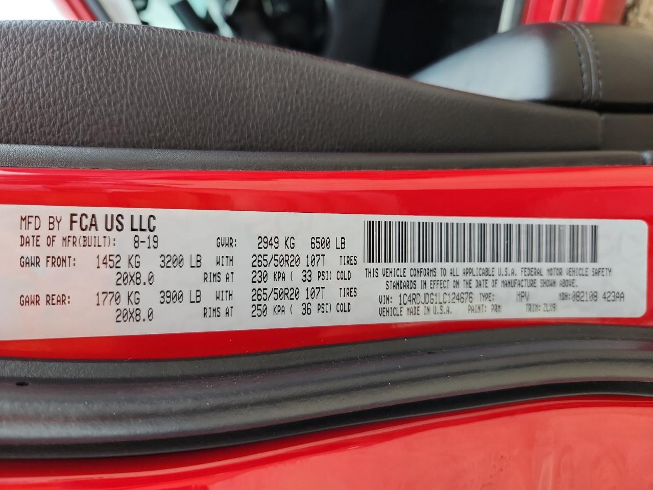 2020 Dodge Durango Gt VIN: 1C4RDJDG1LC124676 Lot: 93356985