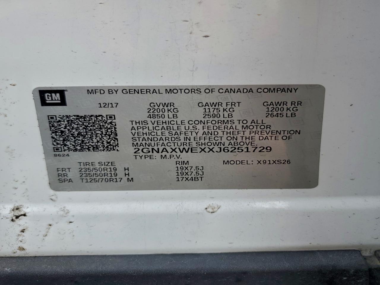 2018 Chevrolet Equinox Premier VIN: 2GNAXWEXXJ6251729 Lot: 93938105