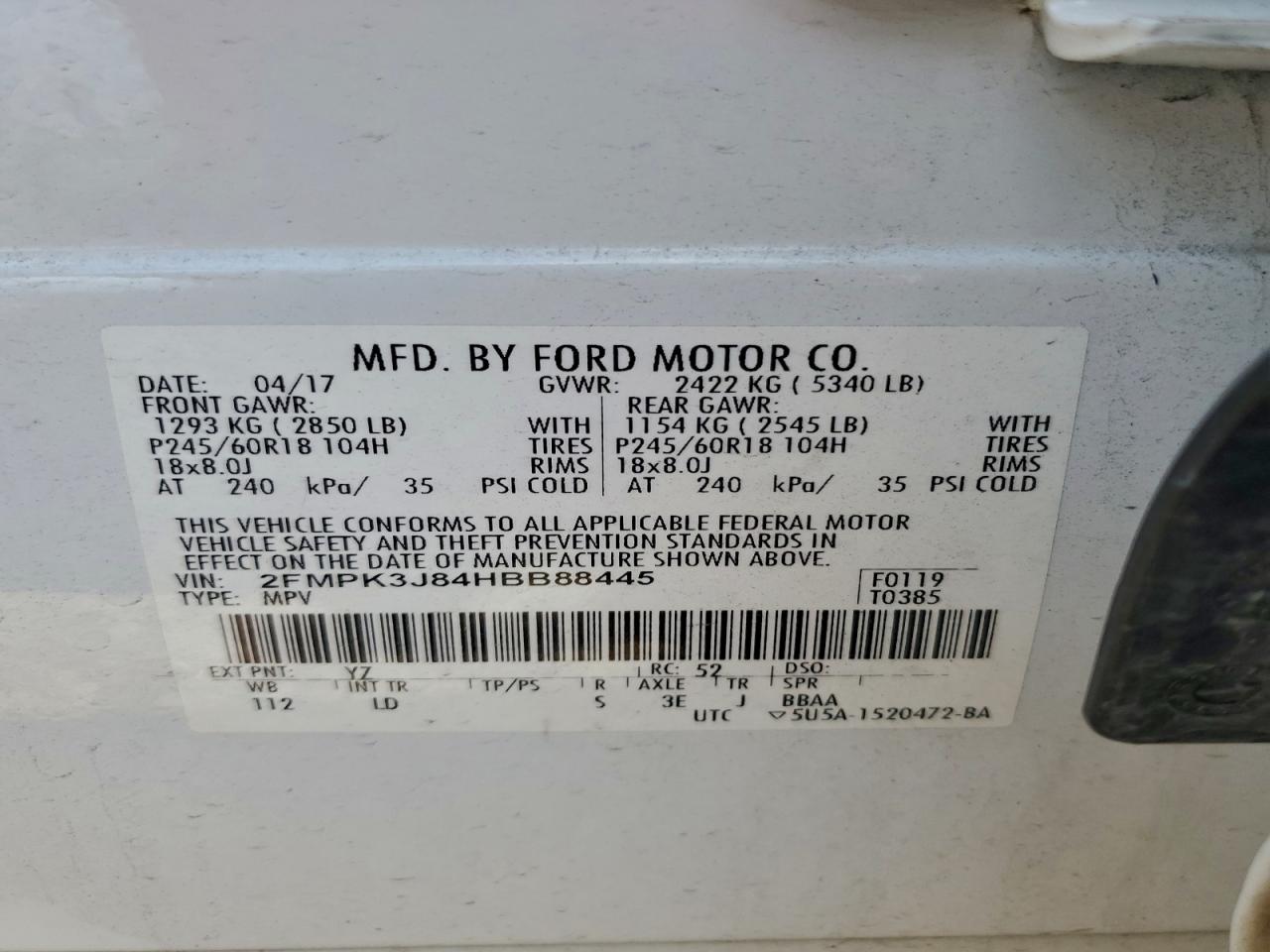 2017 Ford Edge Sel VIN: 2FMPK3J84HBB88445 Lot: 94322965