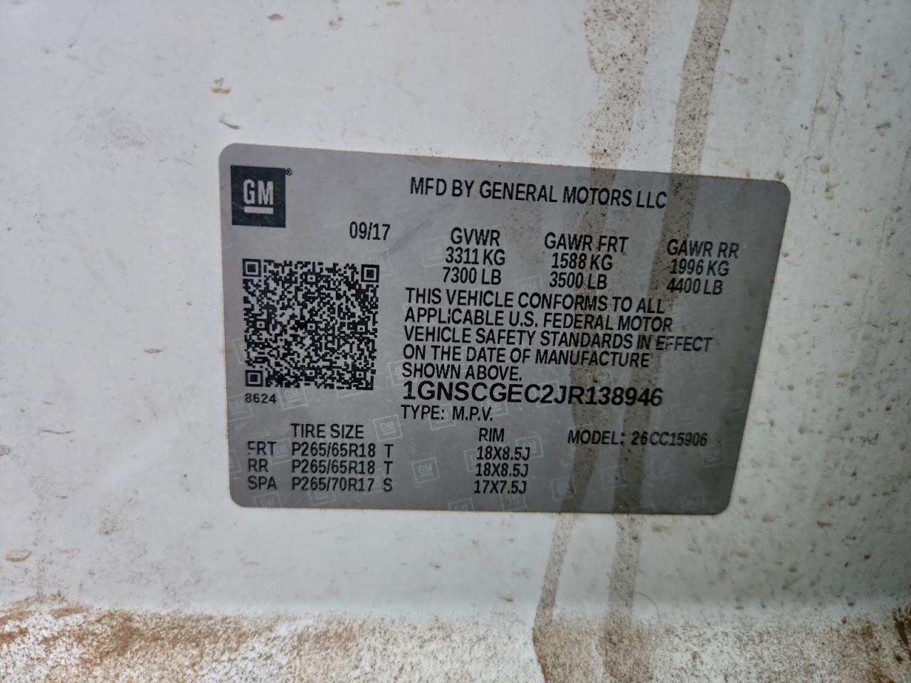 2018 Chevrolet Suburban C1500 Ls VIN: 1GNSCGEC2JR138946 Lot: 93910785