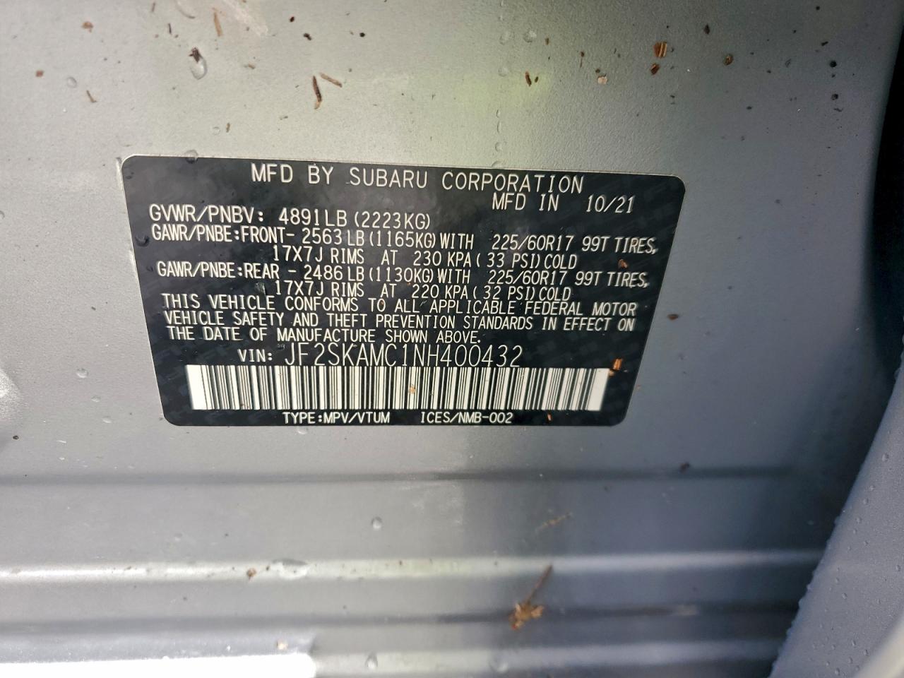 2022 Subaru Forester Wilderness VIN: JF2SKAMC1NH400432 Lot: 93980275