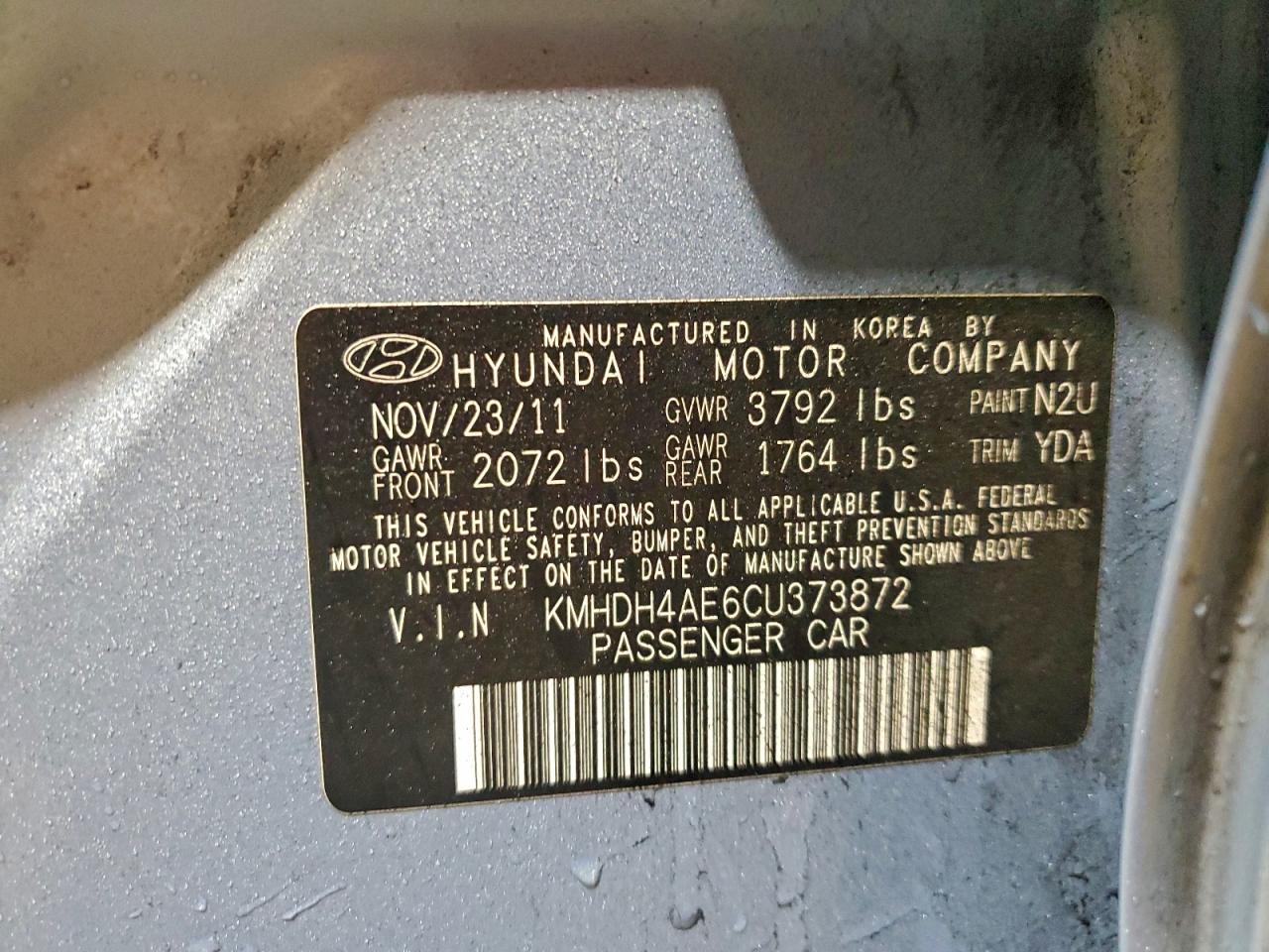 2012 Hyundai Elantra Gls VIN: KMHDH4AE6CU373872 Lot: 94395355