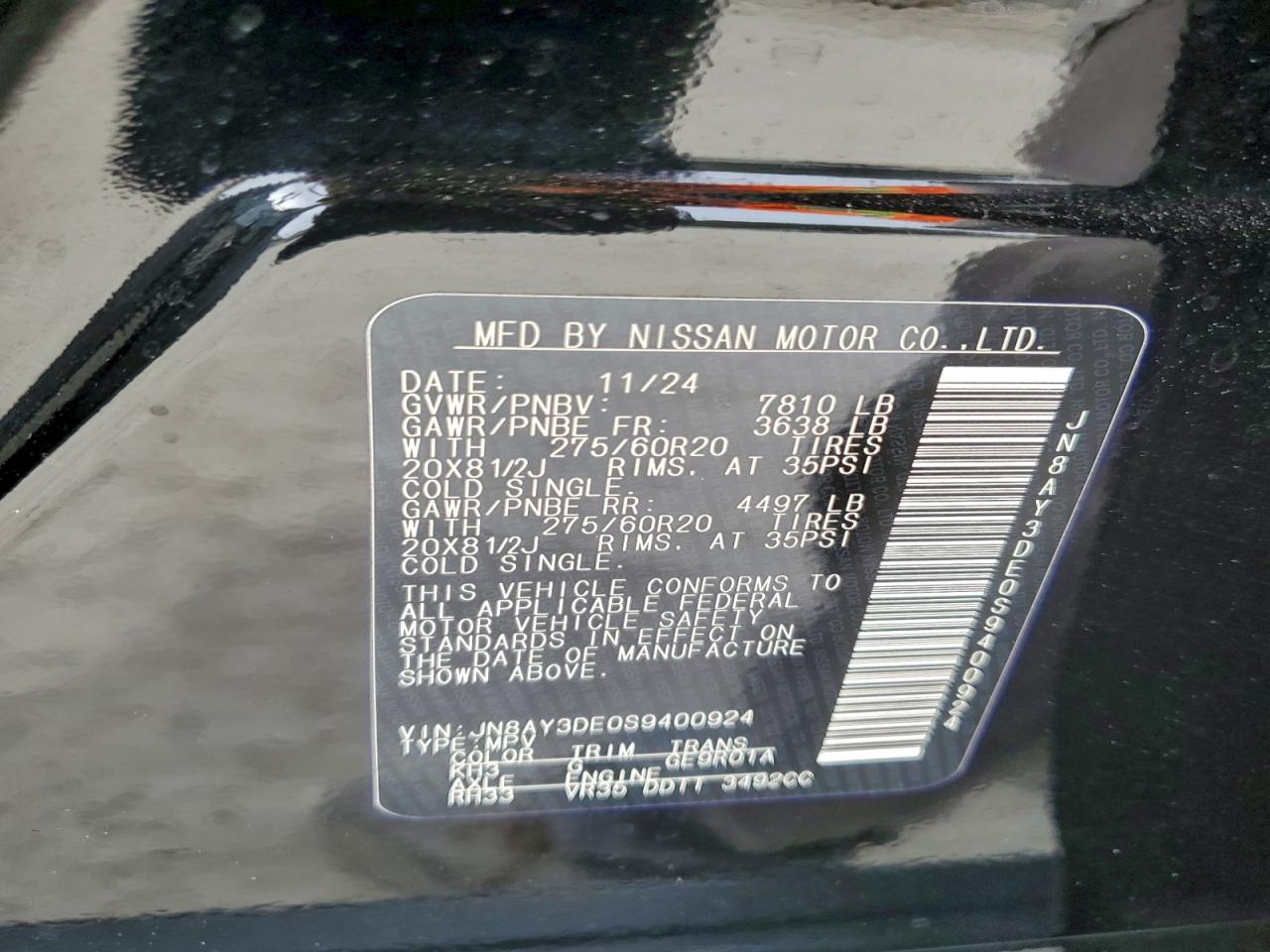 2025 Nissan Armada Pro-4X VIN: JN8AY3DE0S9400924 Lot: 94354605