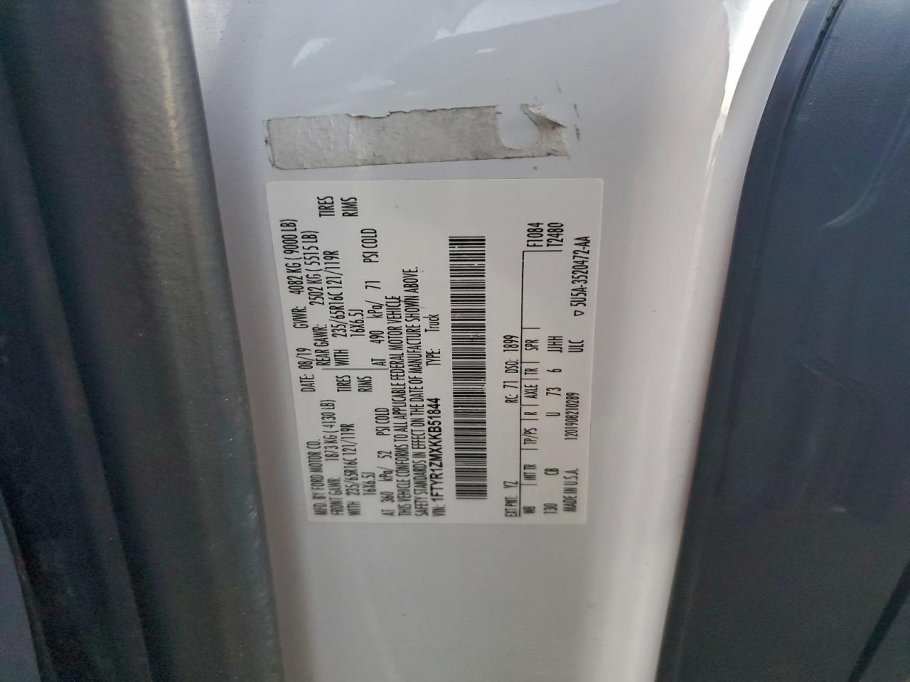 2019 Ford Transit T-250 VIN: 1FTYR1ZMXKKB51844 Lot: 94556355