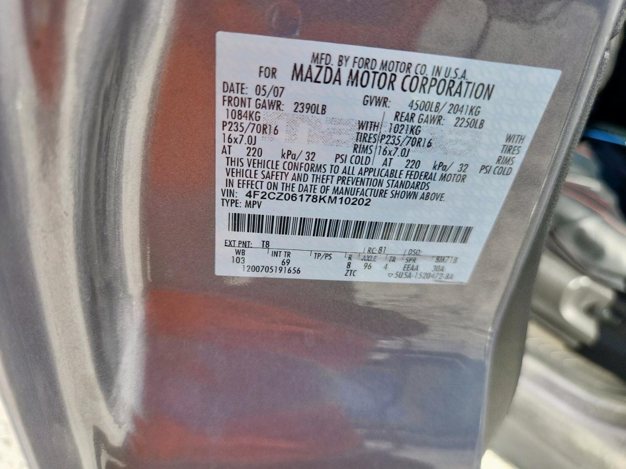 2008 Mazda Tribute S VIN: 4F2CZ06178KM10202 Lot: 91695145