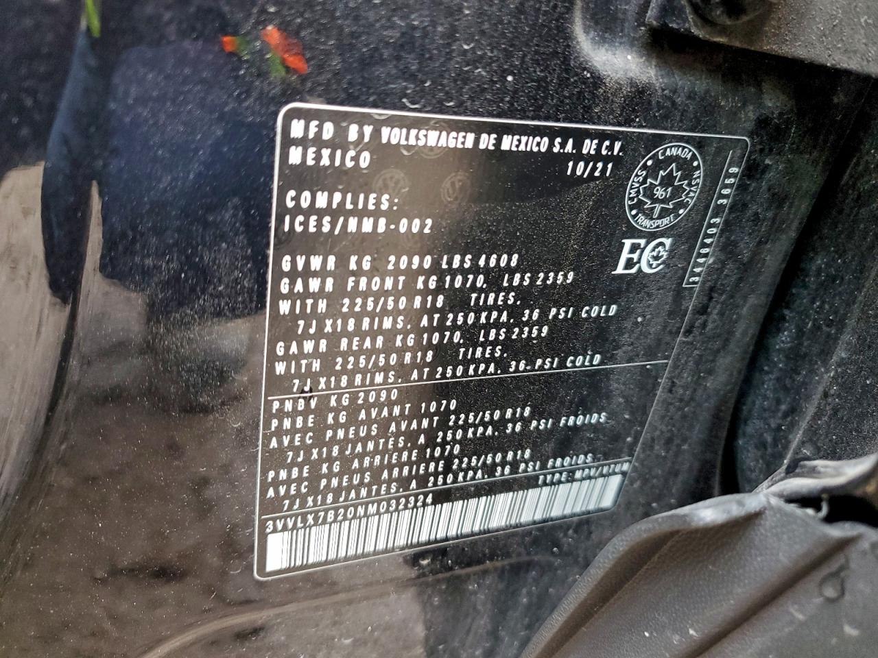 2022 Volkswagen Taos Se Iq Drive VIN: 3VVLX7B20NM032324 Lot: 94639535