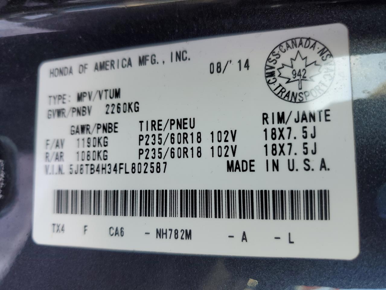 2015 Acura Rdx VIN: 5J8TB4H34FL802587 Lot: 91935605